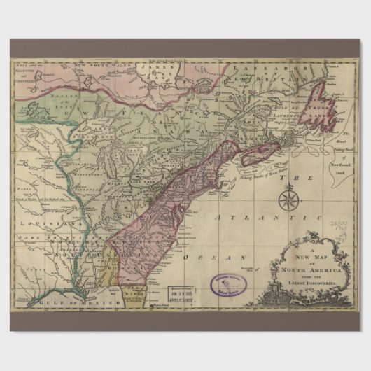アンティーク北アメリカの地図,復元済み, 1763 ラッピングペーパー (フラット)