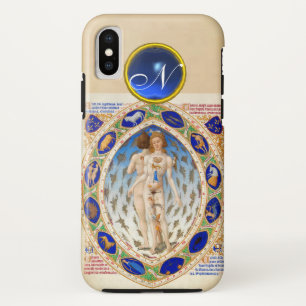 アンティーク占星術、黄道シンボルや象徴ブルージェムモノグラム iPhone XSケース