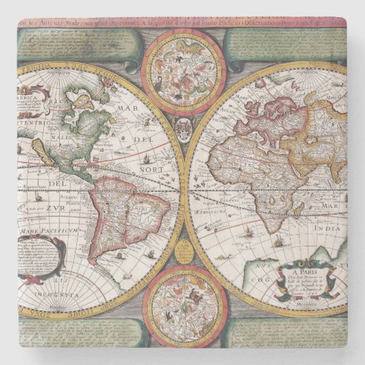 アンティーク古いインスパイア地図(12) ストーンコースター (正面)