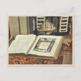 アンティーク図書館インテリア 絵画 本と地球儀 ポストカード