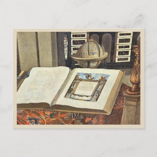 アンティーク図書館インテリア 絵画 本と地球儀 ポストカード
