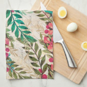 アンティーク図解入りの、写真付きのピーコック&フラワーグランジズ キッチンタオル (四つ折り)