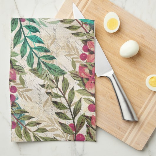 アンティーク図解入りの、写真付きのピーコック&フラワーグランジズ キッチンタオル (四つ折り)