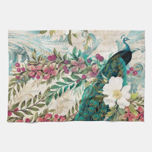 アンティーク図解入りの、写真付きのピーコック&フラワーグランジズ キッチンタオル (横)