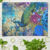 アンティーク図解入りの、写真付きのピーコック&フラワーグランジズ キッチンタオル (折り畳み)