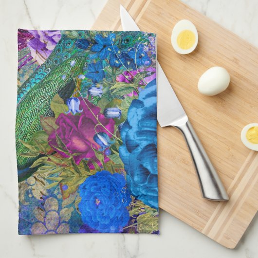 アンティーク図解入りの、写真付きのピーコック&フラワーグランジズ キッチンタオル (四つ折り)