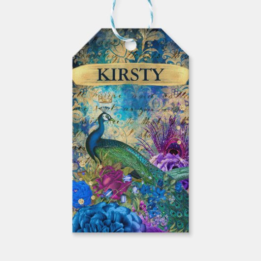 アンティーク図解入りの、写真付きのピーコック&フラワーグランジズ ギフトタグ (正面)