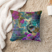 アンティーク図解入りの、写真付きのピーコック&フラワーグランジズ クッション (ブランケット)