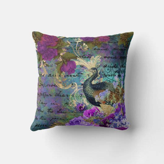 アンティーク図解入りの、写真付きのピーコック&フラワーグランジズ クッション (裏面)