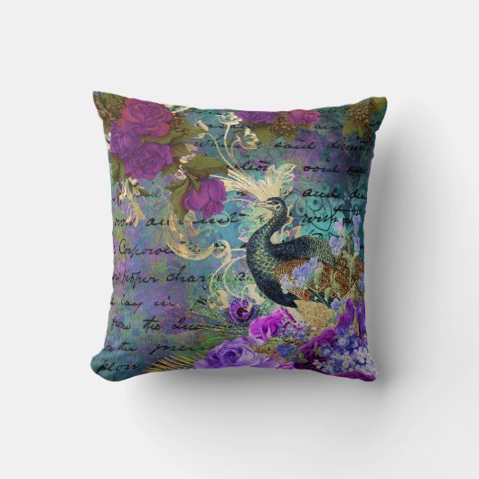アンティーク図解入りの、写真付きのピーコック&フラワーグランジズ クッション (正面)