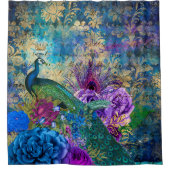 アンティーク図解入りの、写真付きのピーコック&フラワーグランジズ シャワーカーテン (正面)