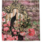 アンティーク図解入りの、写真付きのピーコック&フラワーグランジズ シャワーカーテン (正面)