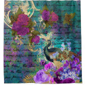 アンティーク図解入りの、写真付きのピーコック&フラワーグランジズ シャワーカーテン (正面)