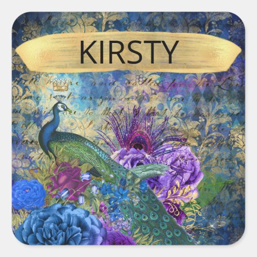 アンティーク図解入りの、写真付きのピーコック&フラワーグランジズ スクエアシール (正面)