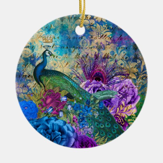 アンティーク図解入りの、写真付きのピーコック&フラワーグランジズ セラミックオーナメント (正面)