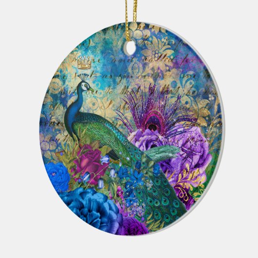 アンティーク図解入りの、写真付きのピーコック&フラワーグランジズ セラミックオーナメント (左)