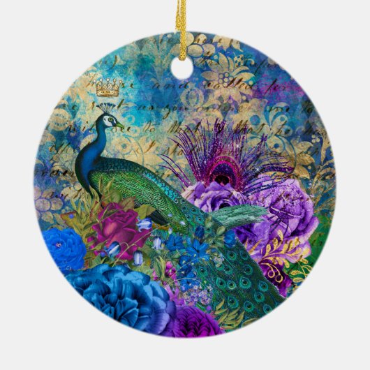 アンティーク図解入りの、写真付きのピーコック&フラワーグランジズ セラミックオーナメント (裏面)