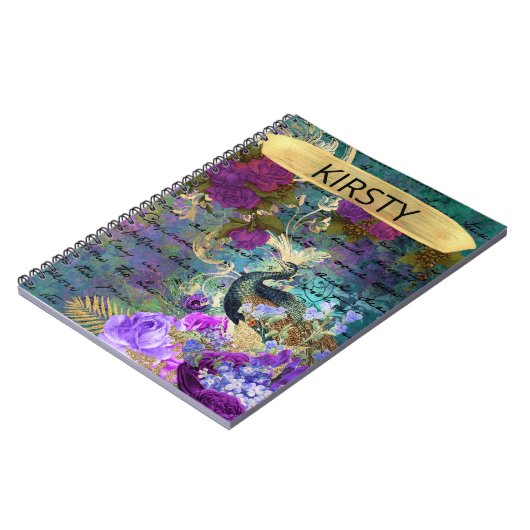 アンティーク図解入りの、写真付きのピーコック&フラワーグランジズ ノートブック (左側)