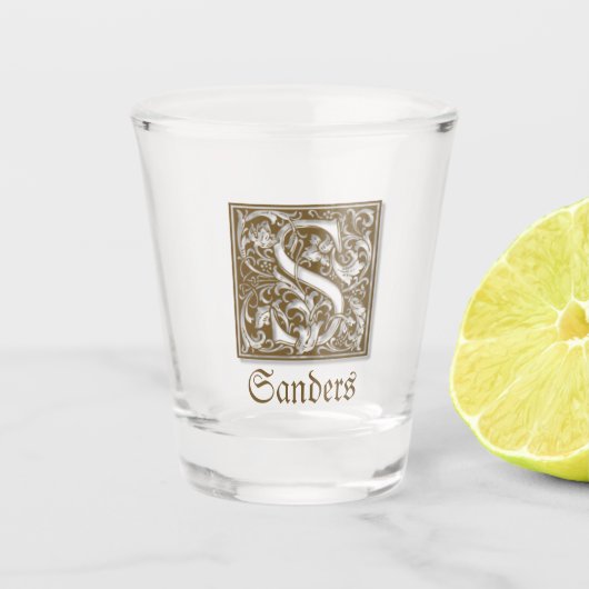 アンティーク図解入りの、写真付きの文字S ショットグラス (正面)