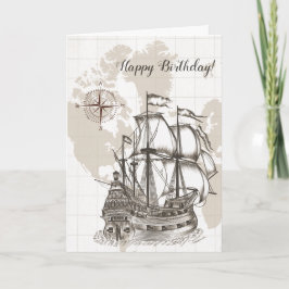 アンティーク地図と帆船誕生日 カード