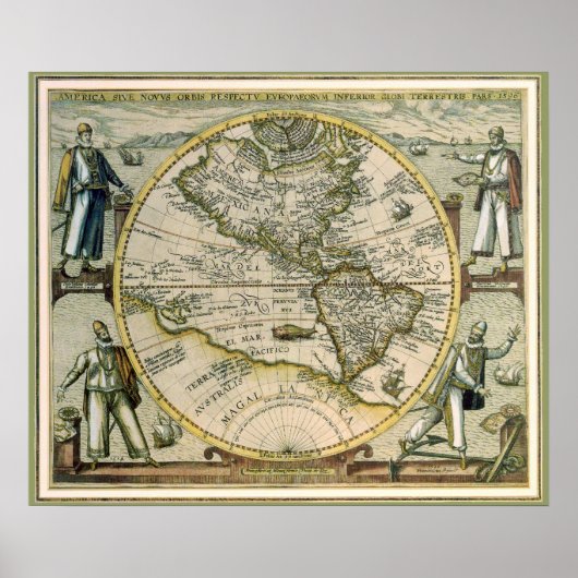 アンティーク地図、アメリカ・シヴ・ノウス・オルビス、1596年 ポスター (正面)