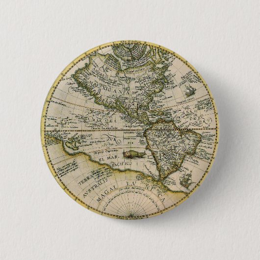 アンティーク地図、1596年、アメリカ・シヴ・ノウス・オルビス 缶バッジ (正面)