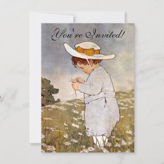 アンティーク子ピッキングデイジー花 招待状 (正面)