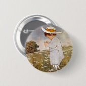 アンティーク子ピッキングデイジー花 缶バッジ (正面&裏面)