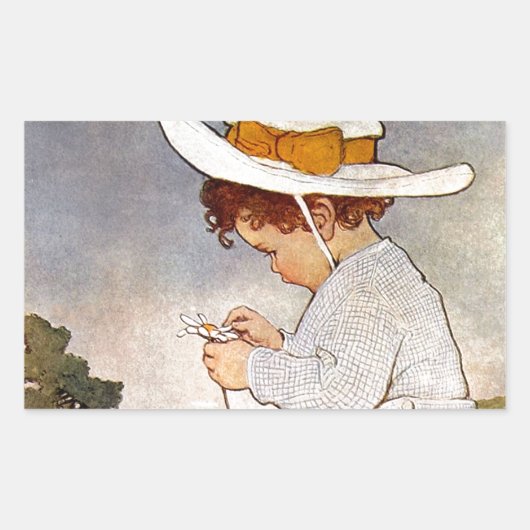 アンティーク子ピッキングデイジー花 長方形シール (正面)