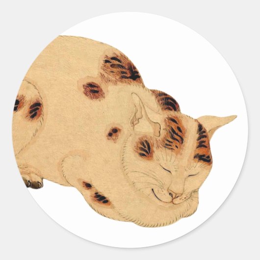アンティーク寝猫日本の木版浮世絵 ラウンドシール (正面)