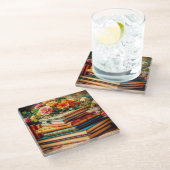 アンティーク山積みヴィンテージ図書花 ガラスコースター (アングル)