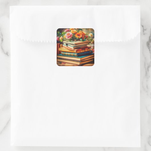 アンティーク山積みヴィンテージ図書花 スクエアシール (バッグ)