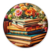 アンティーク山積みヴィンテージ図書花 セラミックノブ (正面)