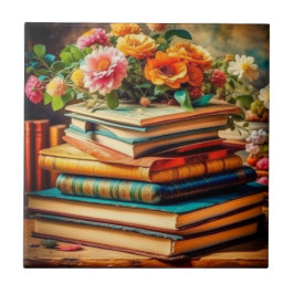 アンティーク山積みヴィンテージ図書花 タイル