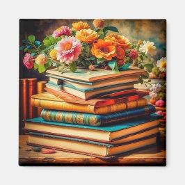 アンティーク山積みヴィンテージ図書花 マグネット