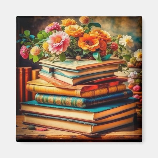 アンティーク山積みヴィンテージ図書花 マグネット (正面)