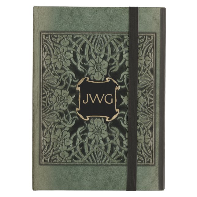 アンティーク工具付きレザーモノグラムブックカバー iPad AIRケース (正面(閉時))