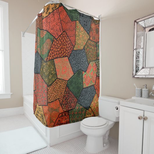アンティーク日本のの花離れ，幾何フローラ シャワーカーテン (インサイチュ)