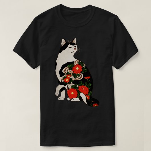 アンティーク日本のウッドブロックプリント猫フラワーT Tシャツ (デザイン正面)