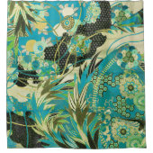 アンティーク日本のフラワーズアクアブルーグリーンフローラ シャワーカーテン (正面)