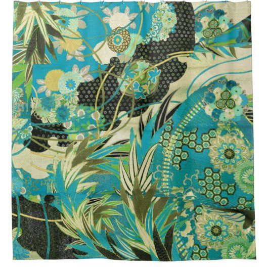 アンティーク日本のフラワーズアクアブルーグリーンフローラ シャワーカーテン (正面)