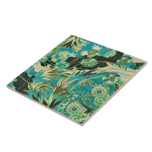 アンティーク日本のフラワーズアクアブルーグリーンフローラ タイル (側面)