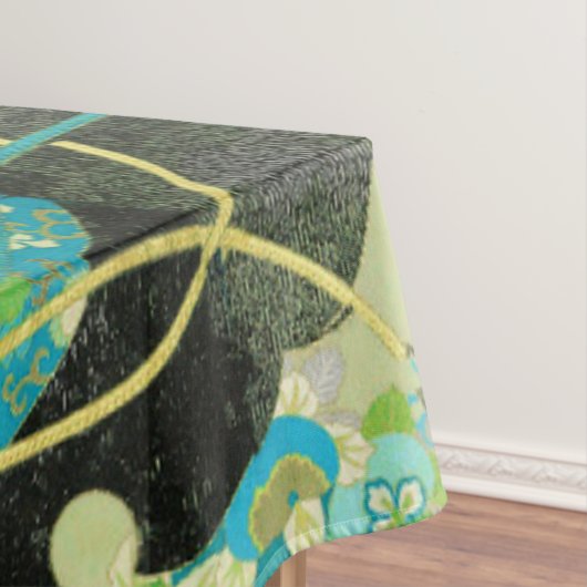 アンティーク日本のフラワーズアクアブルーグリーンフローラ テーブルクロス (インサイチュ)