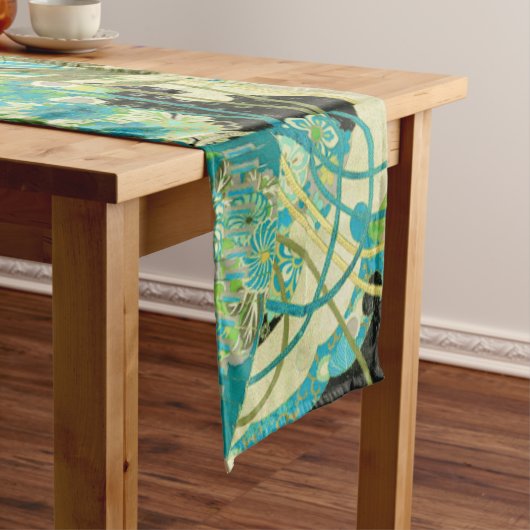 アンティーク日本のフラワーズアクアブルーグリーンフローラ ミディアムテーブルランナー (インサイチュ)