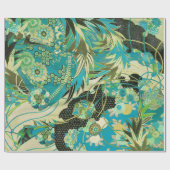 アンティーク日本のフラワーズアクアブルーグリーンフローラ ラッピングペーパー (フラット)