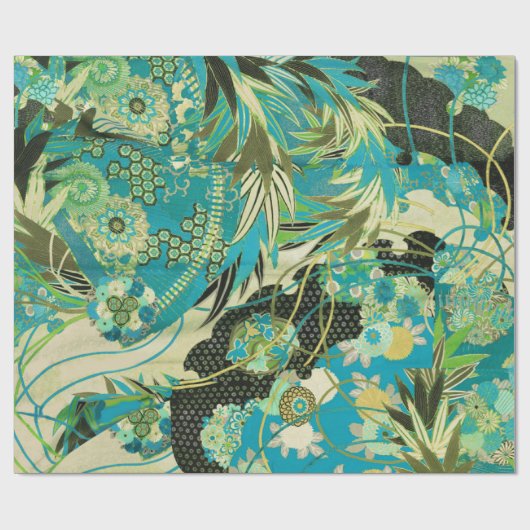 アンティーク日本のフラワーズアクアブルーグリーンフローラ ラッピングペーパー (フラット)
