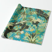 アンティーク日本のフラワーズアクアブルーグリーンフローラ ラッピングペーパー (アンロールド)