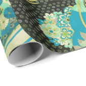 アンティーク日本のフラワーズアクアブルーグリーンフローラ ラッピングペーパー (ロールコーナー)