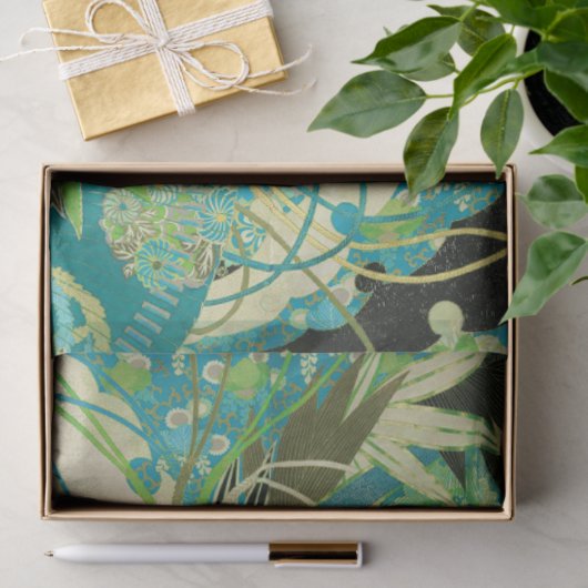 アンティーク日本のフラワーズアクアブルーグリーンフローラ 薄葉紙 (ギフト)