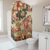 アンティーク日本のフラワーレッドグリーンブラックフローラ シャワーカーテン (インサイチュ)